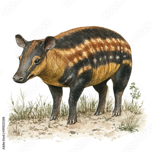 Brazilian Tapir, serene watercolor vector artwork with smooth washes of color and refined textures, isolated on a white background.