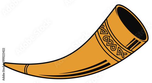 Ornate golden Viking horn, intricately embellished with traditional Celtic knot patterns, symbolizing ancient Norse culture, strength, and celebratory heritage.