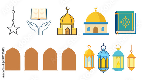Ramadan Eid Mubarak Elements: Ramadan, including mosque, crescent moon, lantern