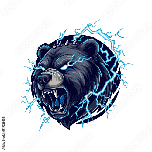Fierce grizzly bear head roaring with blue lightning bolts