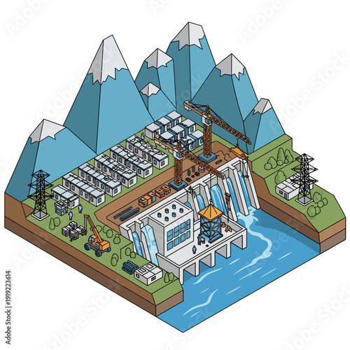 Isometric illustration of a hydroelectric dam with mountains.