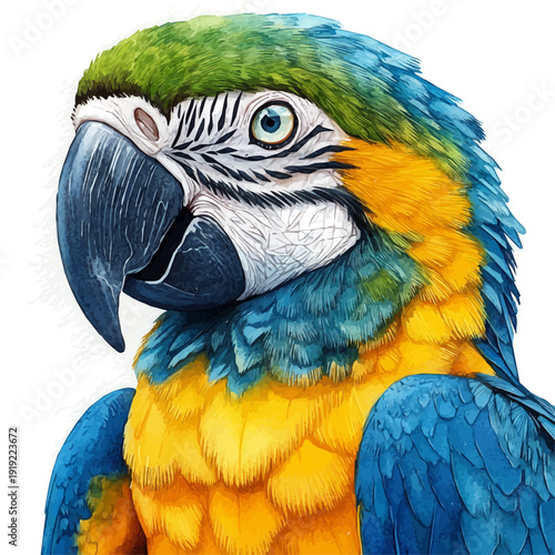 watercolor draw of Blue-and-yellow Macaw, isolated on a white background.