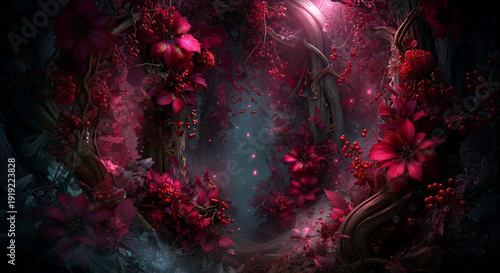 Floral frame with dark forest background and dreamy lights, perfect for invitations