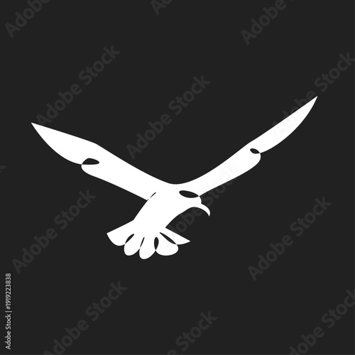 Minimalist White Flying Bird Silhouette Vector Graphic on Black Background