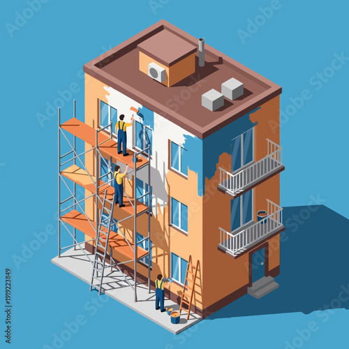 3D isometric illustration of a building under renovation with workers on scaffolding.