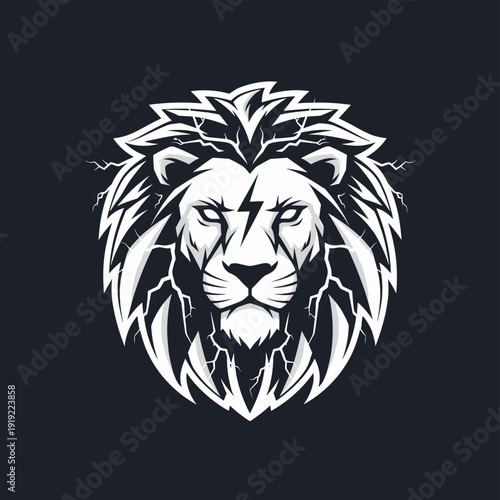 Powerful stylized lion head logo with lightning bolt design