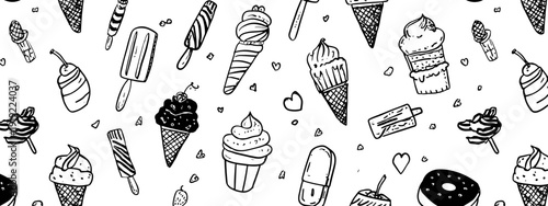 seamless pattern with hand drawn ice cream isolated on white 