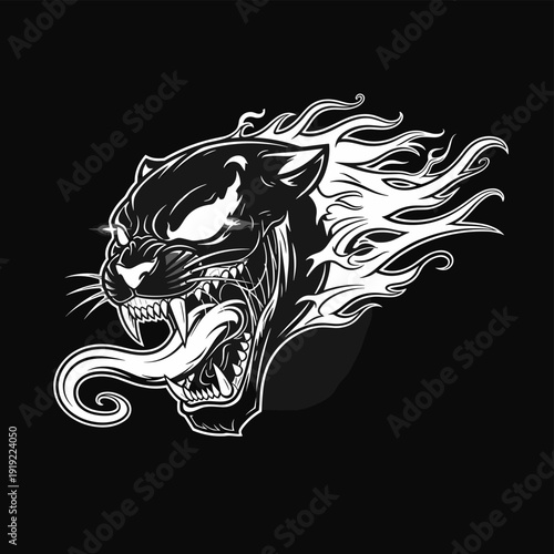 Roaring black panther head with glowing eyes bared fangs and stylized flames