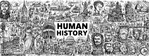 Human History Collage – Detailed Black and White Historical Illustration Banner