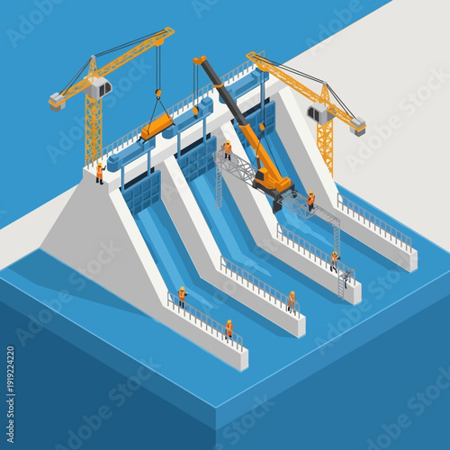 Isometric illustration of a dam under construction with cranes and machinery.