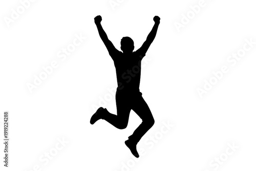 Black silhouette of person jumping with arms raised in dynamic celebratory pose against plain white background