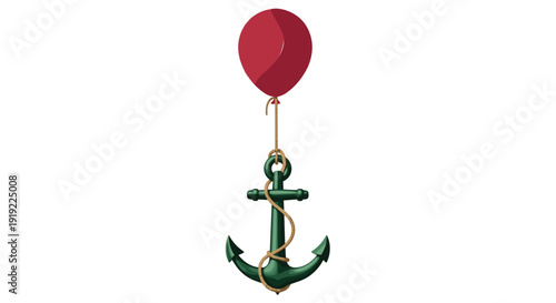 A vibrant red balloon valiantly attempting to lift a heavy, green anchor, illustrating the powerful contrast between lightness and weight, aspiration and burden, hope and gravity.