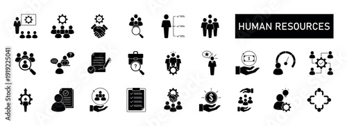 Human resources icon set collection in outline style. Icon pack contains recruitment, hiring, interview, candidate, employee, workforce, onboarding, training, development, evaluation and more.