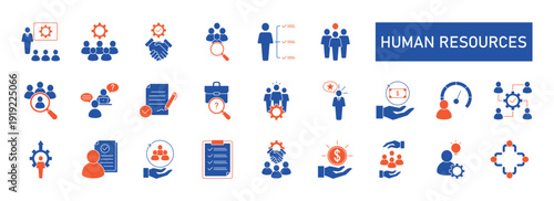 Human resources icon set collection in outline style. Icon pack contains recruitment, hiring, interview, candidate, employee, workforce, onboarding, training, development, evaluation and more.