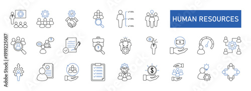 Human resources icon set collection in outline style. Icon pack contains recruitment, hiring, interview, candidate, employee, workforce, onboarding, training, development, evaluation and more.