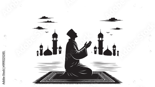 Muslim Man Praying on Prayer Mat in Front of Mosque Silhouette