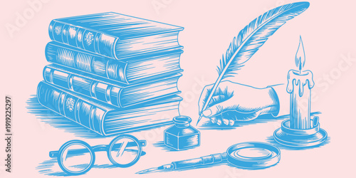 Antique writing set with stack of books, quill pen, inkwell, spectacles, magnifying glass, and lit candle illustration