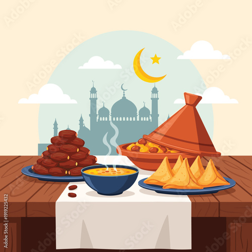 Ramadan Iftar table set with dates, soup, samosas, and a tagine, silhouetted mosque background under a crescent moon.