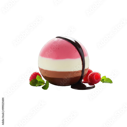 Whole Neapolitan Ice Cream Sphere with Raspberries and Mint, Transparent Background