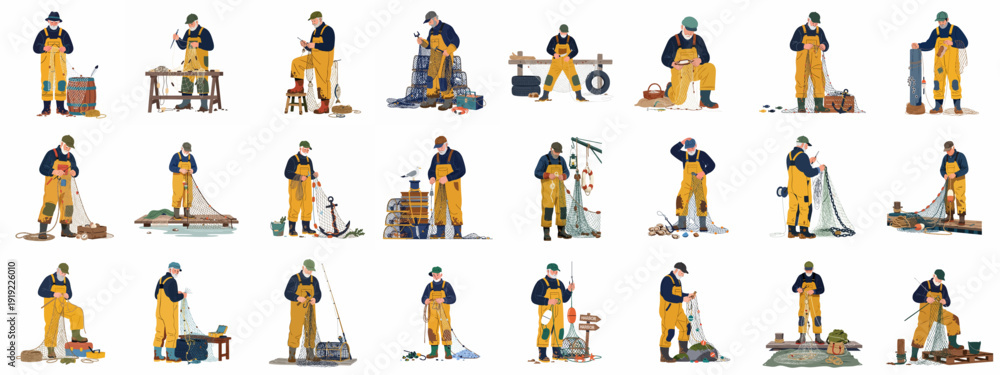 Εκτύπωση καμβά Illustrations of traditional fishermen engaged in mending nets, preparing equipment, and handling catch