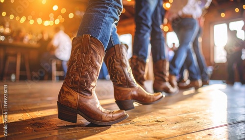 Close up view of people wearing brown cowboy boots while dancing in a line on a wooden floor at a country bar