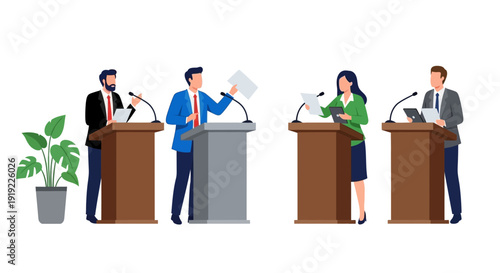 Four people standing at podiums giving speeches or presentations in a formal setting.