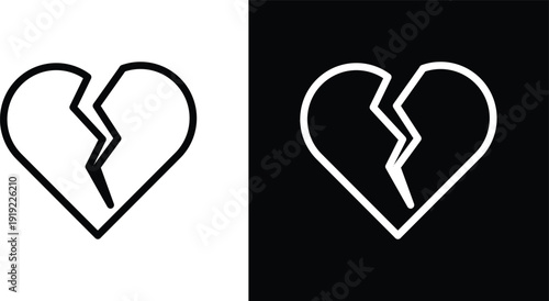 Broken heart icon pack in black and white colors