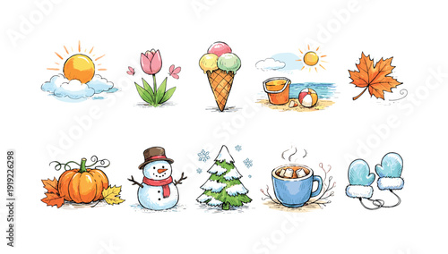 Seasons, weather flat icon set. Summer, winter, autumn, spring icons collection