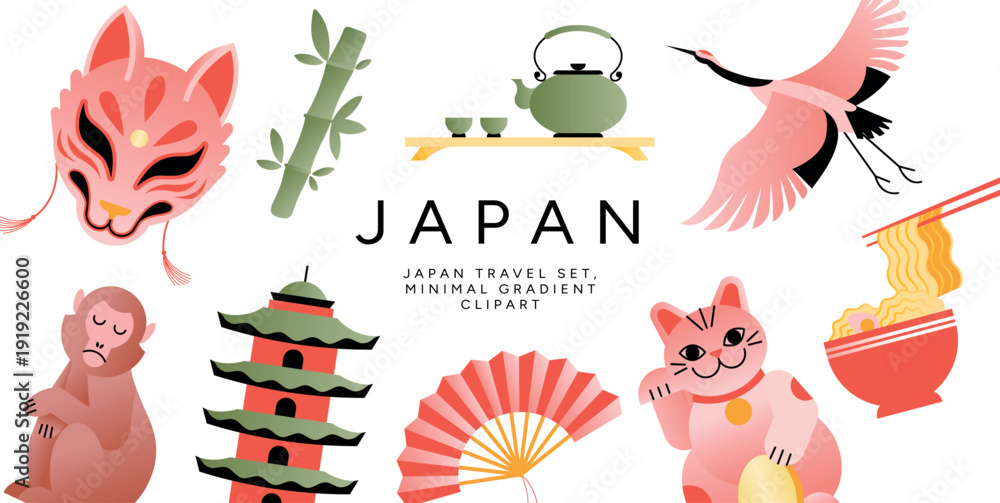 Fototapeta Japan Travel Clip Art Set, Kitsune Mask, Snow Monkey, Crane, Bamboo, Pagoda, Folding Fan, Maneki Neko Cat, Ramen, Teapot and Teacup