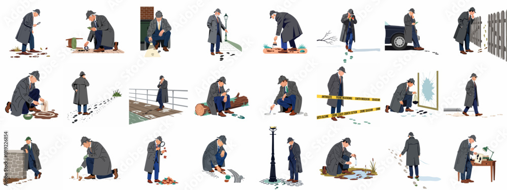 Εκτύπωση καμβά Detective investigating crime scenes, meticulously examining footprints, clues, and evidence using various tools like magnifying glass, camera, and casting kits