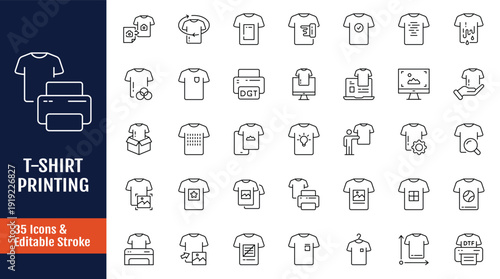 T-shirt printing icon set. Icons related to digital printing, printer, paint, t-shirt elements, printing on apparel and more. Outline icon with Editable stroke. Vector illustration