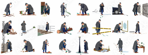 Detective investigating crime scenes, meticulously examining footprints, clues, and evidence using various tools like magnifying glass, camera, and casting kits.