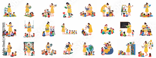 Collection of illustrations depicting a female teacher engaging with diverse preschool children in various educational and creative activities within a classroom setting.