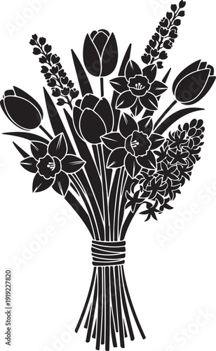 Elegant floral bouquet silhouette in a classic black and white style featuring detailed flower arrangements and botanical leaves.