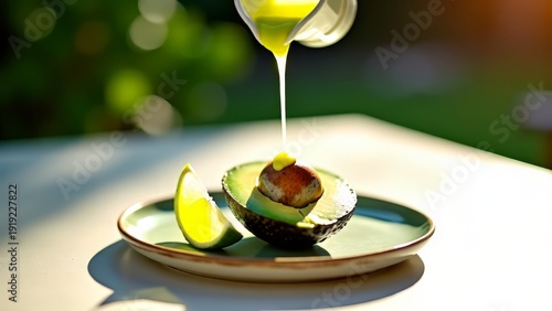 Avocado drizzle, lime dressing. Summer salad on patio table.