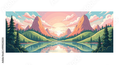 Serene mountain landscape with lake and trees at sunrise.
