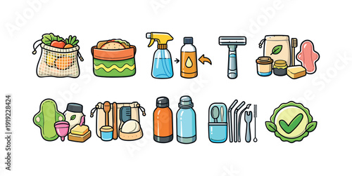 Eco-friendly flat icon set. Sustainable, reusable, zero waste icons flat collection