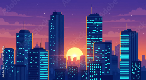 Cityscape at Dusk with Illuminated Skyscrapers and Vibrant Sky.