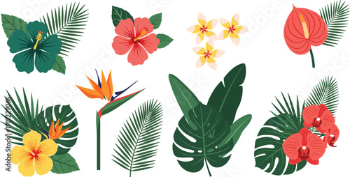 Tropical flowers illustration, exotic botanical artwork, vibrant floral design tribute, jungle nature graphic, rainforest plant concept, decorative garden inspiration flat vector illustration