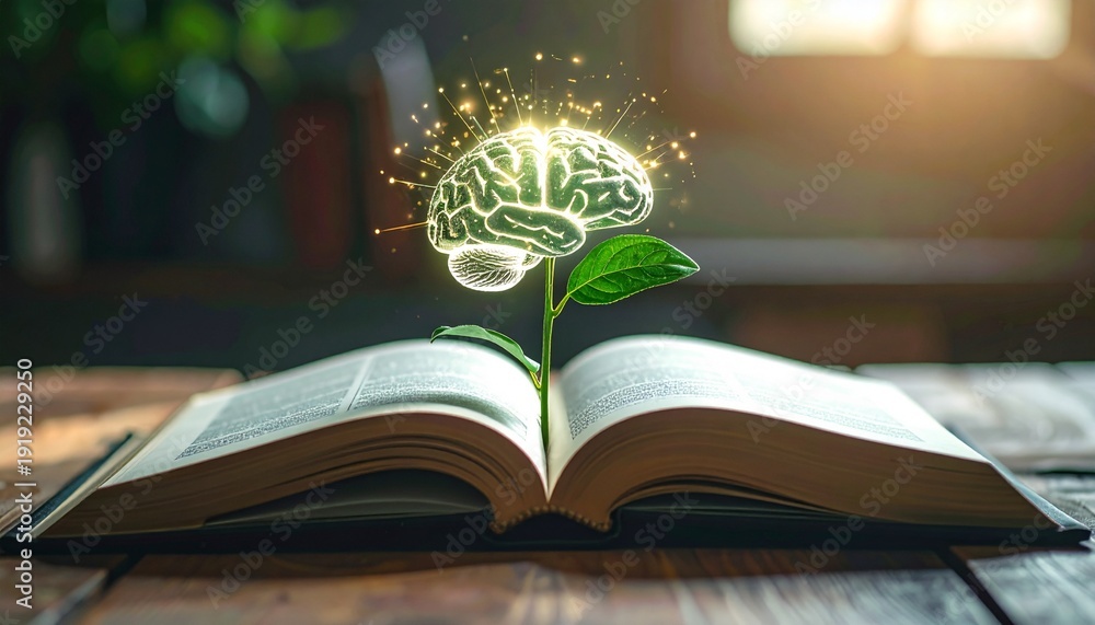 Fototapeta premium The radiant growth of knowledge and intellect A luminous brain emerges from a plant rooted in an open book, symbolizing the power of learning and new ideas