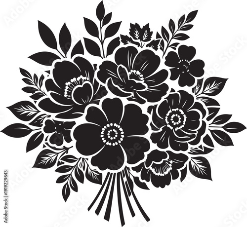 Elegant floral bouquet silhouette in a classic black and white style featuring detailed flower arrangements and botanical leaves.