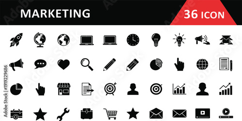 Set of 36 black marketing and business icons including rocket globe laptop megaphone pie chart target and growth statistics