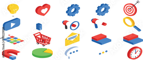 Isometric business and digital marketing 3d icon set with target, shopping cart, gear, bulb, and social media symbols.