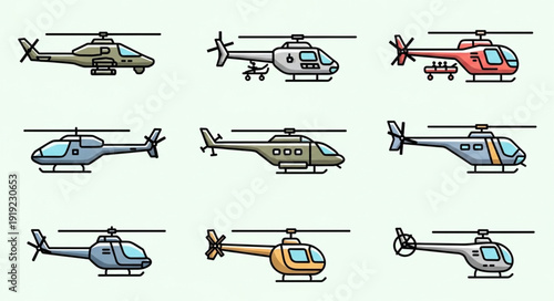 Collection of nine different helicopter illustrations in pixel art style.