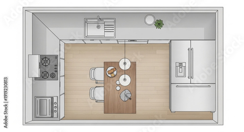Modern Kitchen Layout with Island and Appliances Top View.