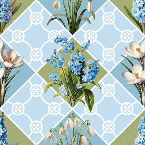 Seamless vector pattern with blue and white spring flowers isolated on a geometric background. Vintage painting style illustration.