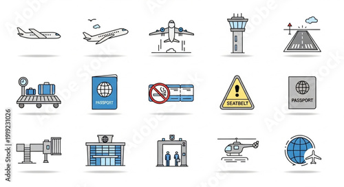Collection of hand drawn airport and travel icons.