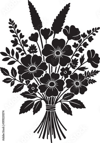 Elegant floral bouquet silhouette in a classic black and white style featuring detailed flower arrangements and botanical leaves.