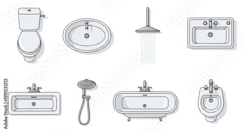 Collection of Bathroom Fixtures and Accessories Line Art.