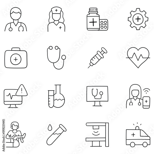 Hand-drawn doodle set of health care icons on a white background.